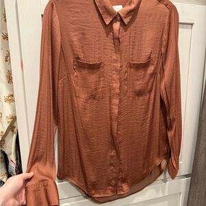 A New Day Rust Long Sleeve Satin Button-Up Shirt